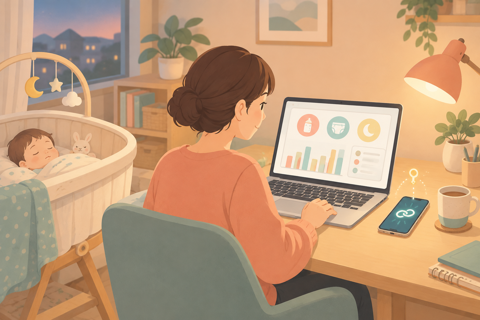 ぴよログの記録をパソコンのダッシュボードで見ている親のイラスト