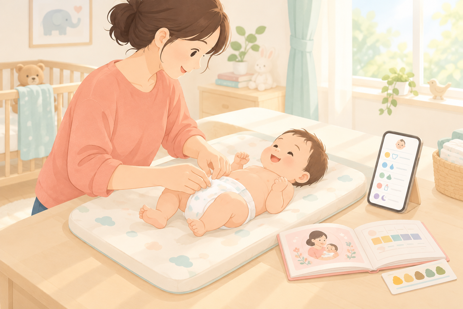 おむつ替えの合間にぴよログでうんちの記録を確認する様子